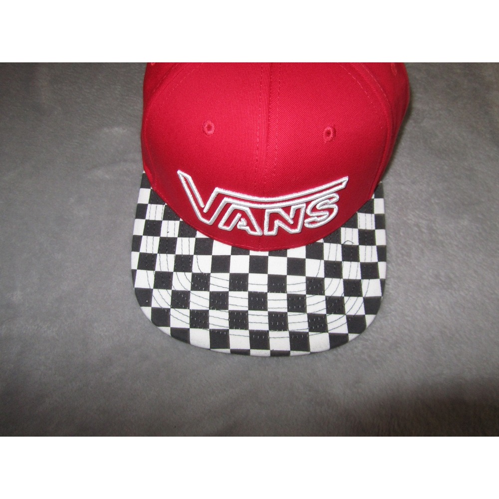 Vans Red Snapback Hat Checkerboard Flat Brim Embroidered Logo Adjustable Cap NWT